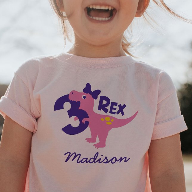 Girl 3rd Birthday Pink Dinosaur with Bow T-Shirt (Creator Uploaded)