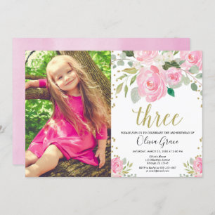 Girl 3rd birthday pink gold glitter birthday invitation