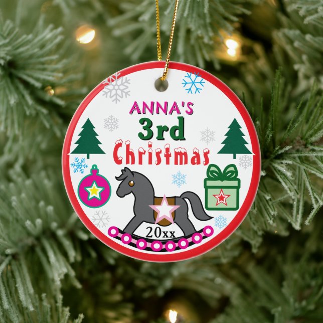 Girl 3rd Christmas PHOTO Pink Gray Horse Ceramic Tree Decoration (Tree)