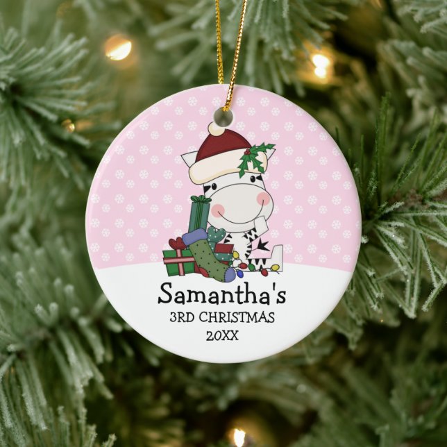 Girl 3rd Christmas Santa Zebra Personalised Ceramic Tree Decoration (Tree)