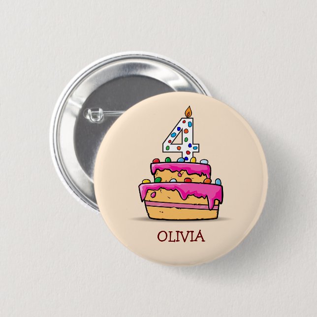Girl 4th Birthday, 4 on Sweet Pink Cake 6 Cm Round Badge (Front & Back)