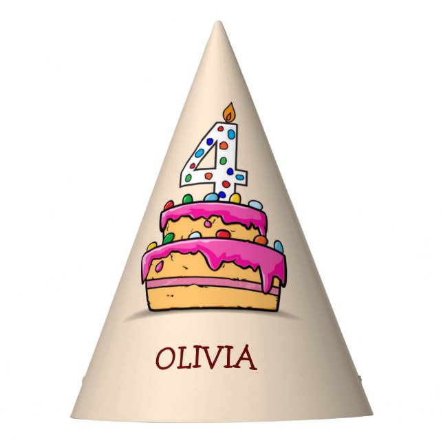 Girl 4th Birthday, 4 on Sweet Pink Cake Party Hat (Front)