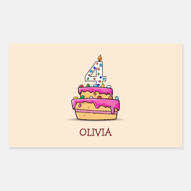 Girl 4th Birthday, 4 on Sweet Pink Cake Rectangular Sticker (Front)