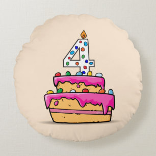 Girl 4th Birthday, 4 on Sweet Pink Cake Round Cushion