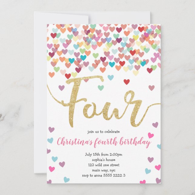 Girl 4th Birthday Hearts Confetti Rainbow Glitter Invitation (Front)