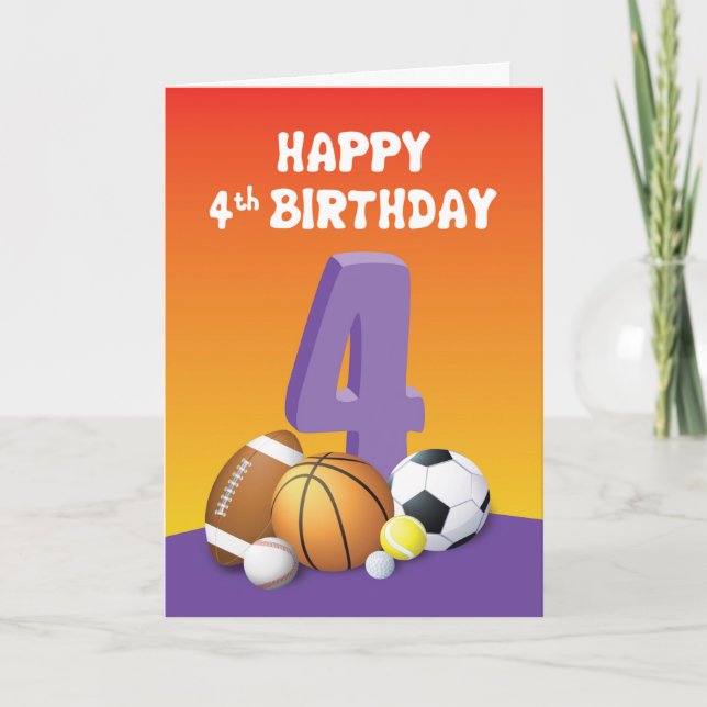 Girl 4th Birthday Sports Balls Card (Front)