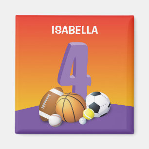 Girl 4th Birthday Sports Balls Magnet