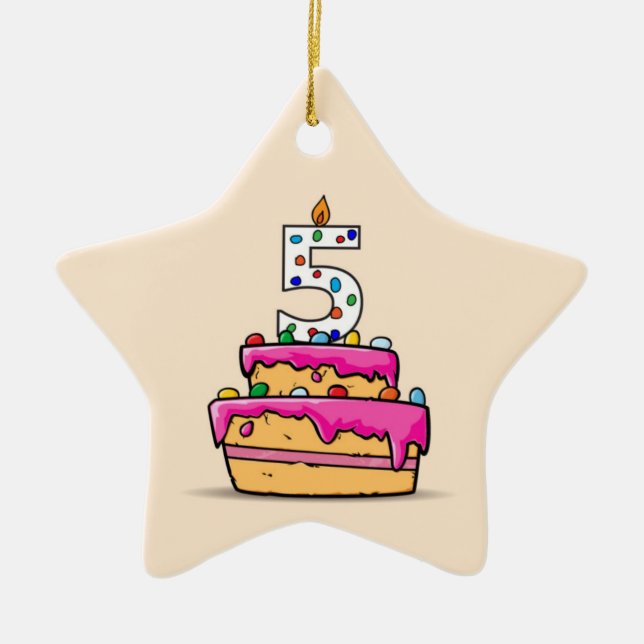 Girl 5th Birthday, 5 on Sweet Pink Cake Ceramic Tree Decoration (Front)