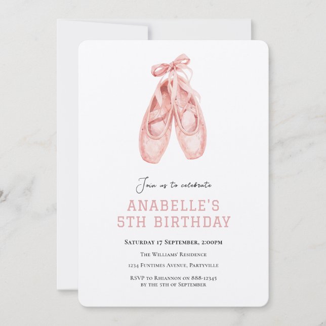 Girl 5th birthday ballet  invitation (Front)
