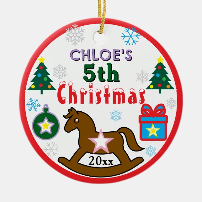 Girl 5th Christmas Horse Tree PHOTO Ceramic Tree Decoration (Front)