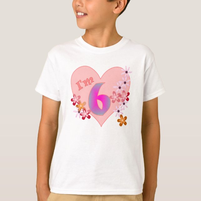 Girl 6th birthday pink heart and flowers T-Shirt (Front)
