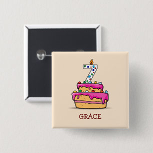 Girl 7th Birthday, 7 on Sweet Pink Cake 15 Cm Square Badge
