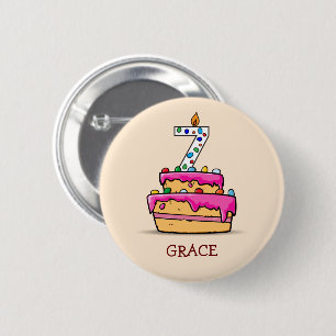 Girl 7th Birthday, 7 on Sweet Pink Cake 6 Cm Round Badge