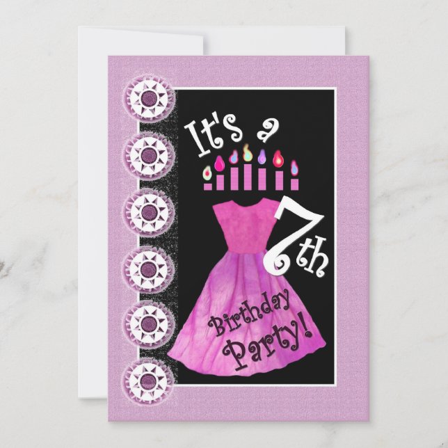 Girl 7th Birthday Party PINK Dress Template W1171 (Front)