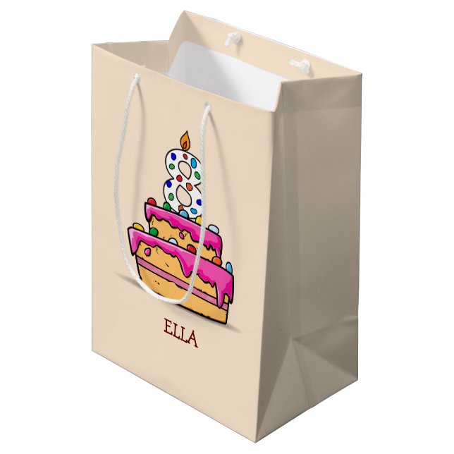 Girl 8th Birthday, 8 on Sweet Pink Cake Medium Gift Bag (Front Angled)