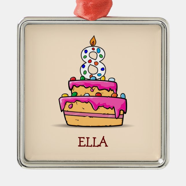 Girl 8th Birthday, 8 on Sweet Pink Cake Metal Tree Decoration (Front)