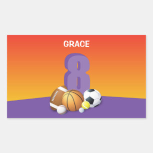 Girl 8th Birthday Sports Balls Rectangular Sticker