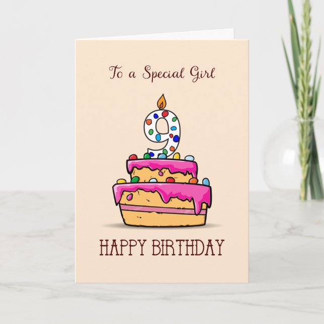 Girl 9th Birthday, 9 on Sweet Pink Cake Card (Front)