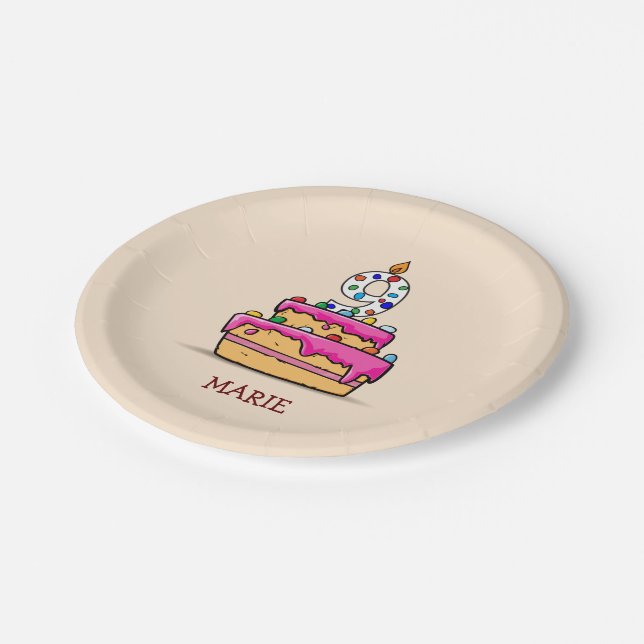 Girl 9th Birthday, 9 on Sweet Pink Cake Paper Plate (Angled)