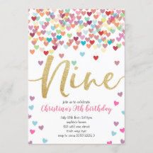 Girl 9th Birthday Hearts Confetti Rainbow Glitter