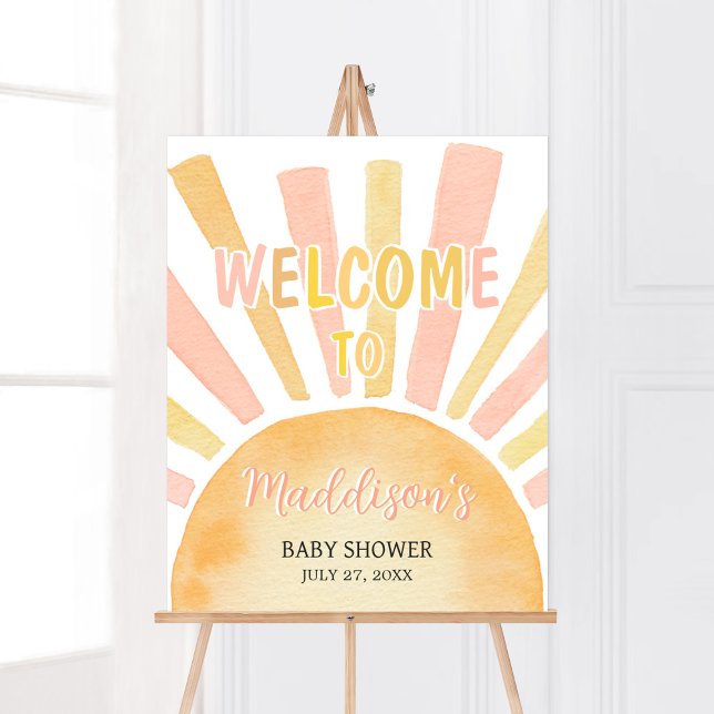 Girl A Little Ray of Sunshine Baby Shower Welcome Poster (Pink Boho Sunshine Baby Shower Welcome Sign)