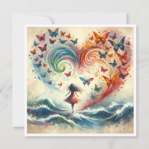Girl above ocean waves with Butterflies Holiday Card