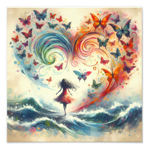 Girl above ocean waves with Butterflies  Photo Print