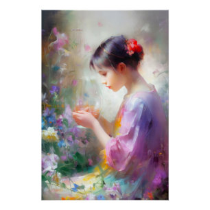 Girl admiring a flower in her hands poster