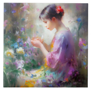 Girl admiring a flower in her hands tile