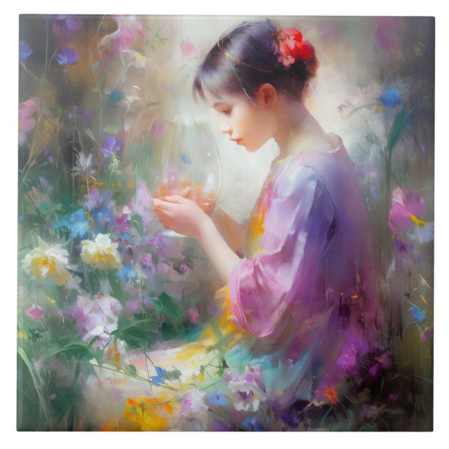Girl admiring a flower in her hands  tile (Front)