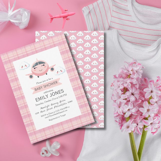 Girl Airplane Clouds Cute Baby Shower Pink Grey Invitation (Creator Uploaded)