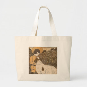Girl and a dog large tote bag