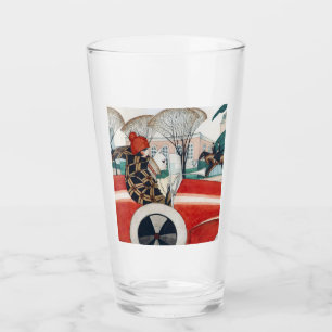 Girl and a Pug Dog in a Red Automobile Glass