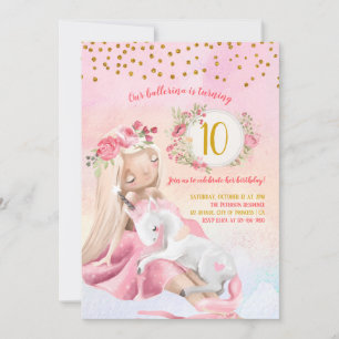Girl And Baby Unicorn Birthday Party Invitation