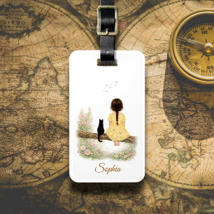 Girl and Black Cat on Branch Luggage Tag