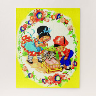 girl and boy and kitten and puppy jigsaw puzzle