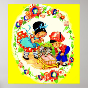 girl and boy and kitten and puppy poster