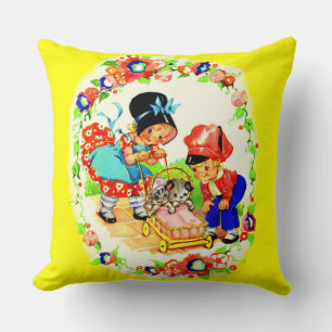 girl and boy and kitten and puppy print cushion