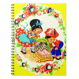 girl and boy and kitten and puppy print spiral notebook
