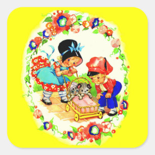 girl and boy and kitten and puppy square sticker