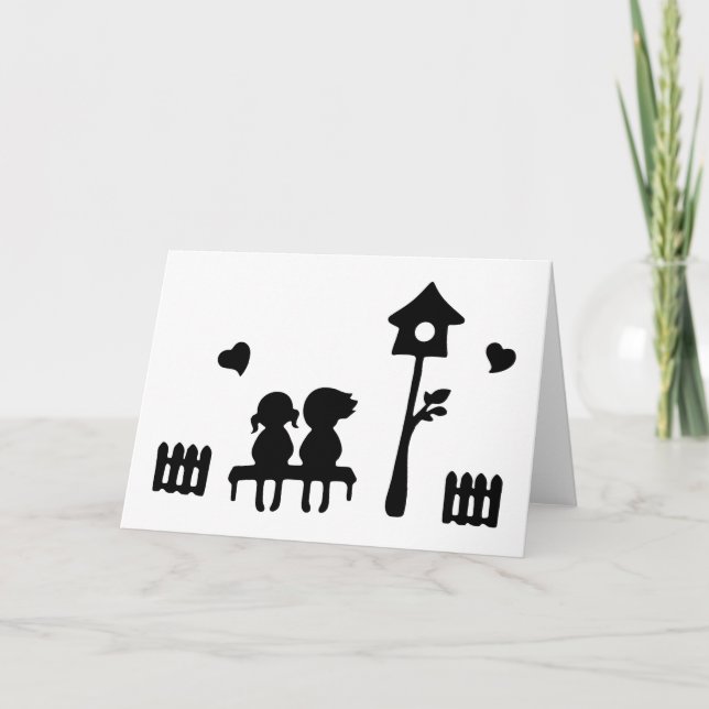Girl And Boy in Love Sitting On Bench Valentine Holiday Card (Front)