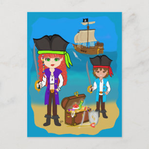 Girl and Boy Pirates with Ship on Beach Postcard
