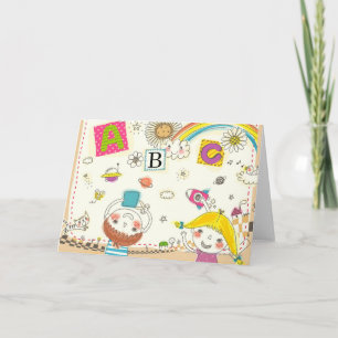 Girl and boy playing by blackboard card