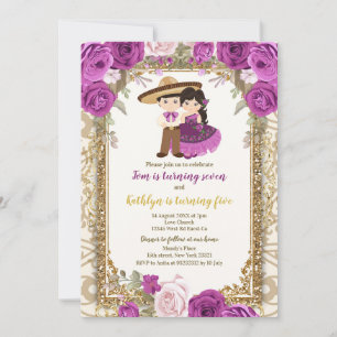 Girl and Boy Purple & Gold Birthday Invitation
