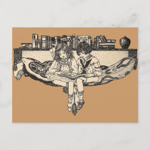 Girl and Boy Reading Postcard