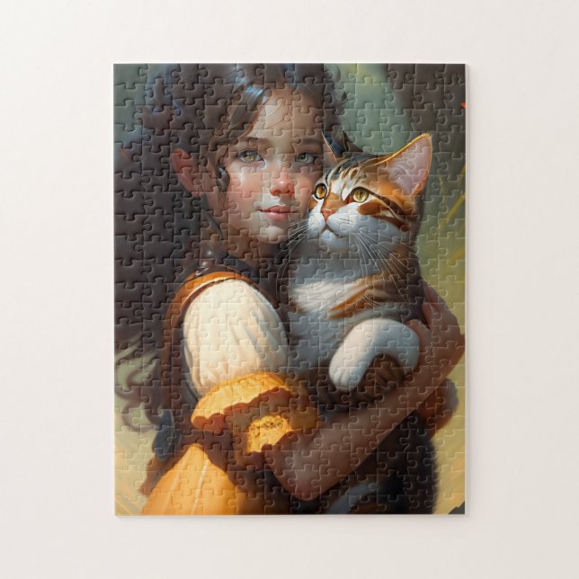  GIRL AND CAT ART JIGSAW PUZZLE (Vertical)