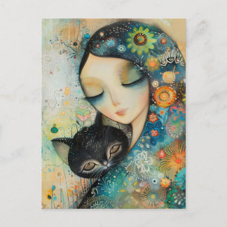 GIRL AND CAT ART JIGSAW PUZZLE POSTCARD