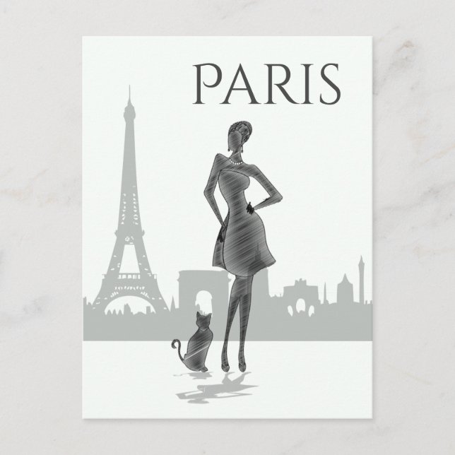 Girl and Cat in Paris with Eiffel Tower Grey Postcard (Front)