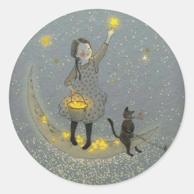Girl and Cat On The Moon and Stars Classic Round Sticker (Front)