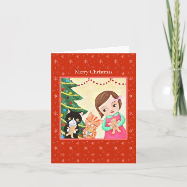 Girl and Cats with Gingerbread man Sweet Christmas Card (Front)